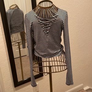 Emma & Sam Black and White Striped Lace Up Crop Top